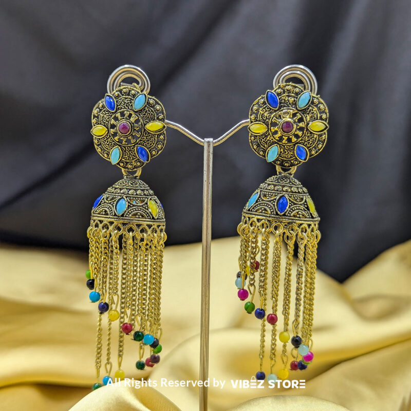 Antique Multicolor Tassel Jhumka Earrings 1 Antique gold-tone multicolor tassel jhumka earrings with enamel detailing and chain accents.