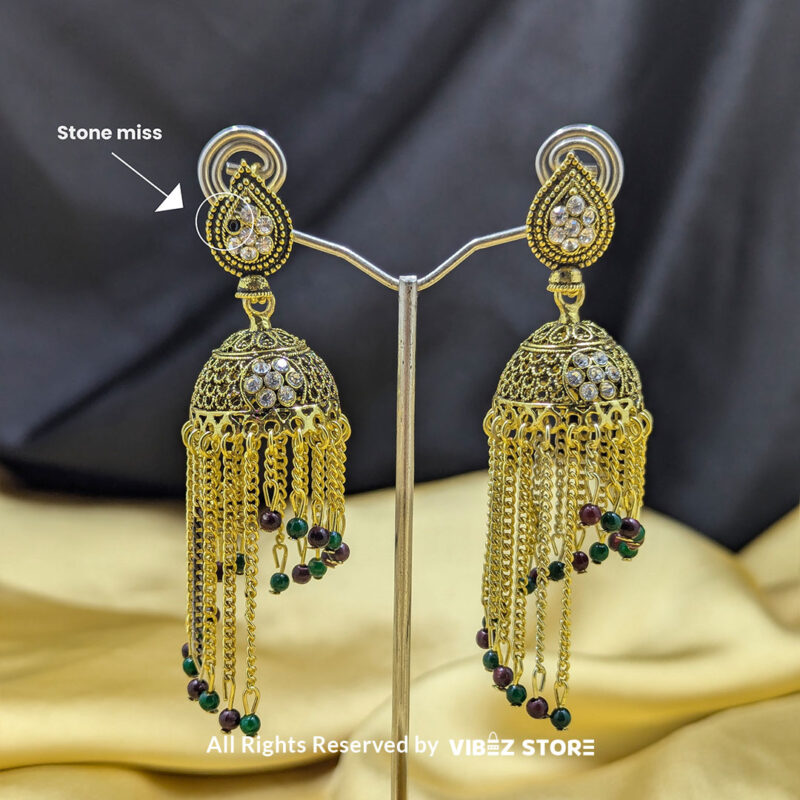 Golden Chain Tassel Jhumka Earrings with Multi-Bead Detailing 1 Golden chain tassel jhumka earrings with vibrant bead accents and intricate studded detailing.