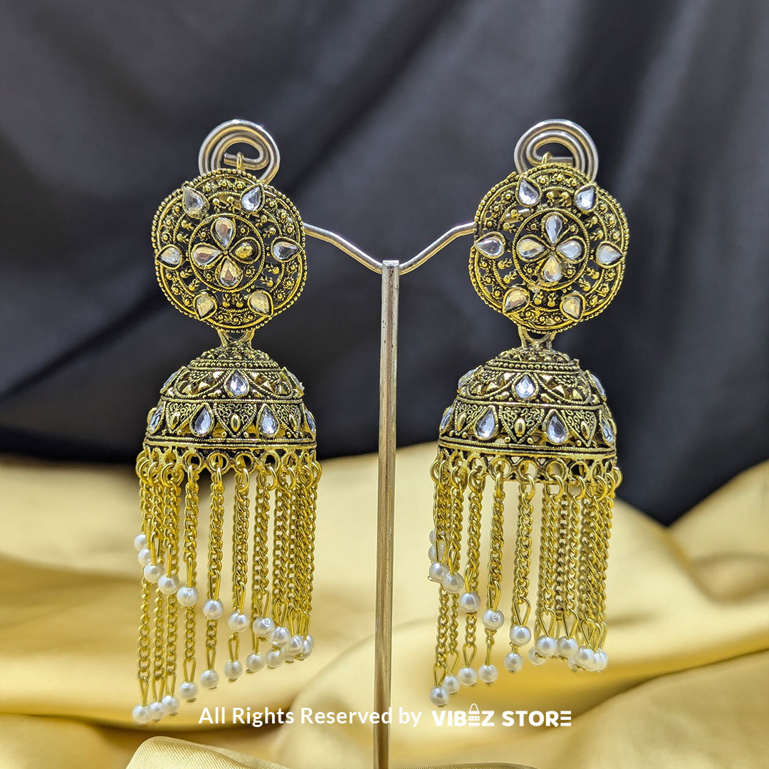 ERNG-42 Golden Chandbali Jhumka Earrings with Pearl Chain Danglers - Image 1