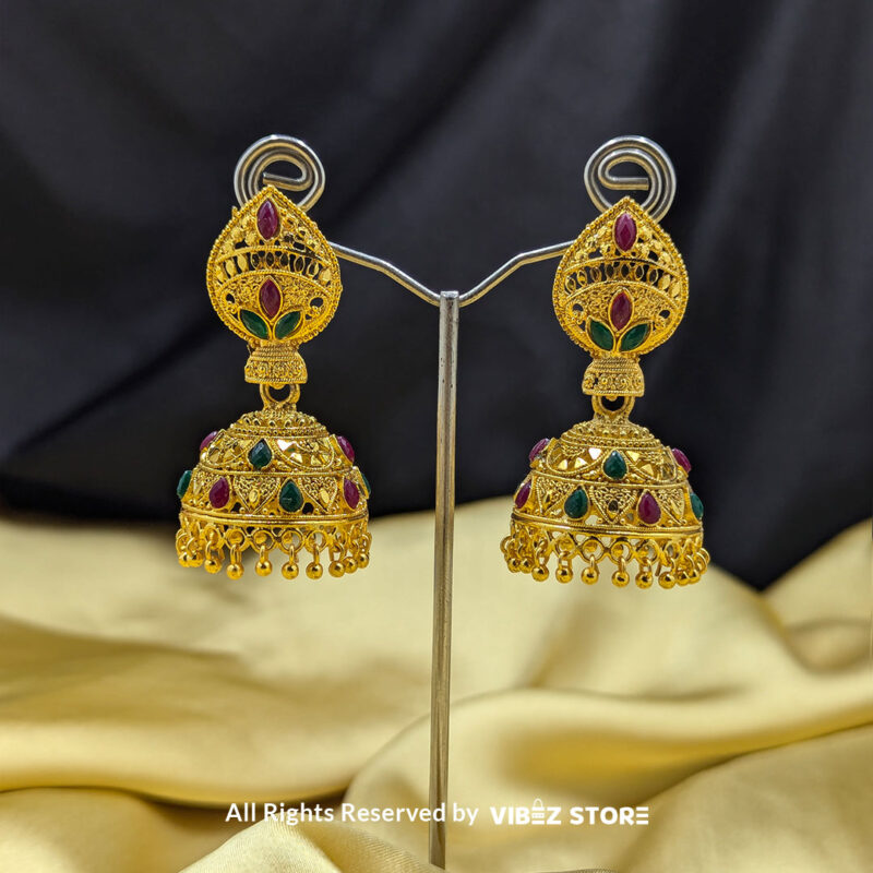 Golden Jhumka Earrings with Multicolor Stone Accents 1 Golden jhumka earrings with intricate detailing and multicolor stone accents, perfect for ethnic and festive wear.