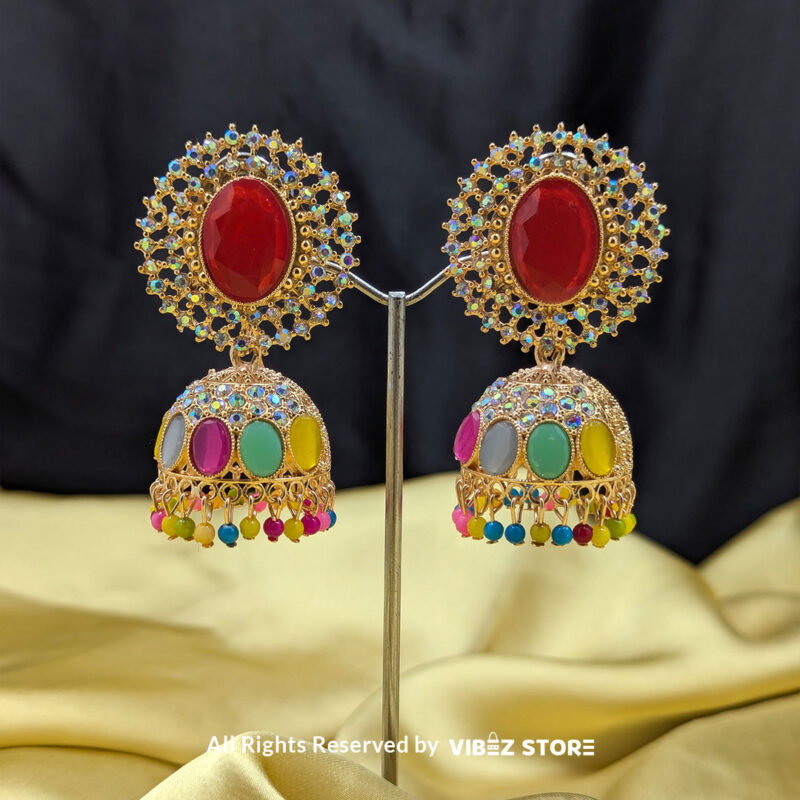 Multicolor Stone Jhumka Earrings 1 Vibrant multicolor stone jhumka earrings with bold red centerpiece, colorful accents, and intricate detailing, perfect for festive wear.