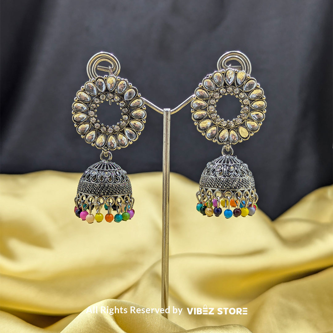 ERNG-48 Silver-Plated Kundan Jhumka Earrings - Image 1