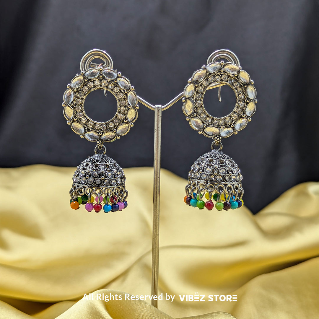 ERNG-49 Silver-Plated Crystal Kundan Jhumka Earrings - Image 1