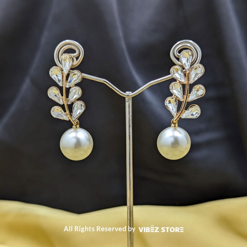 Leaf Pearl Drop Earrings – Gold-Tone Elegant Fashion Jewelry 2 Leaf Pearl Drop Earrings with gold-tone settings, delicate leaf design, and smooth pearl drops from VibezStore