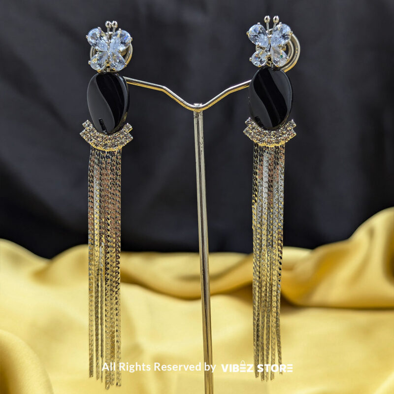 Butterfly Black Tassel Earrings 1 Butterfly Black Tassel Earrings with a glossy black accent and cascading metallic tassels, perfect for elegant occasions.