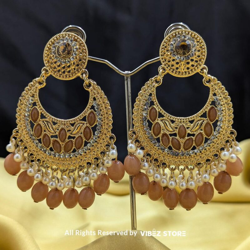 Amber Pearl Drop Earrings 1 Amber Pearl Drop Earrings with gold-toned floral detailing, amber-colored accents, and pearl drops, perfect for traditional occasions.
