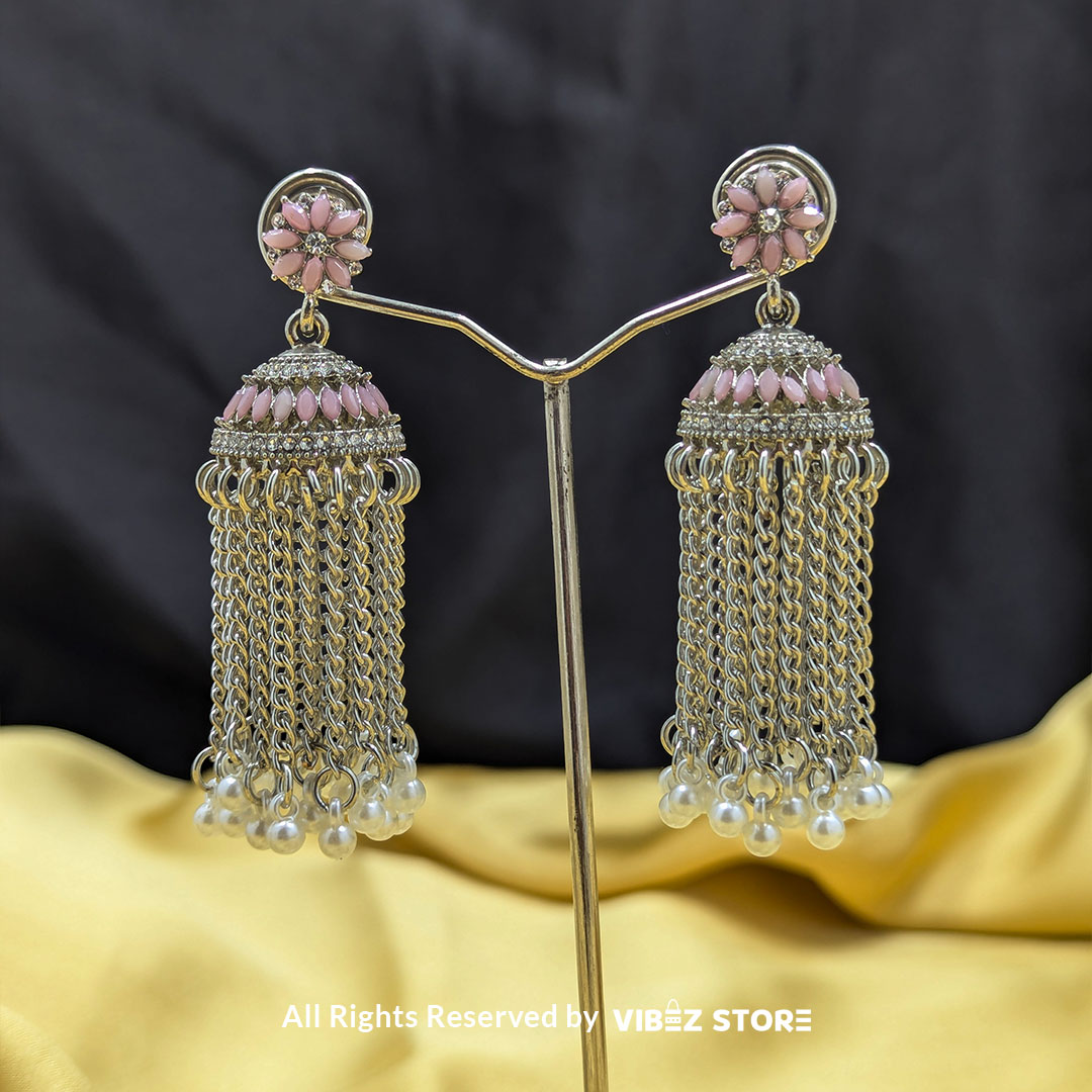ERNG-62 Pink Floral Tassel Earrings with Chain and Pearl Detailing - Image 1