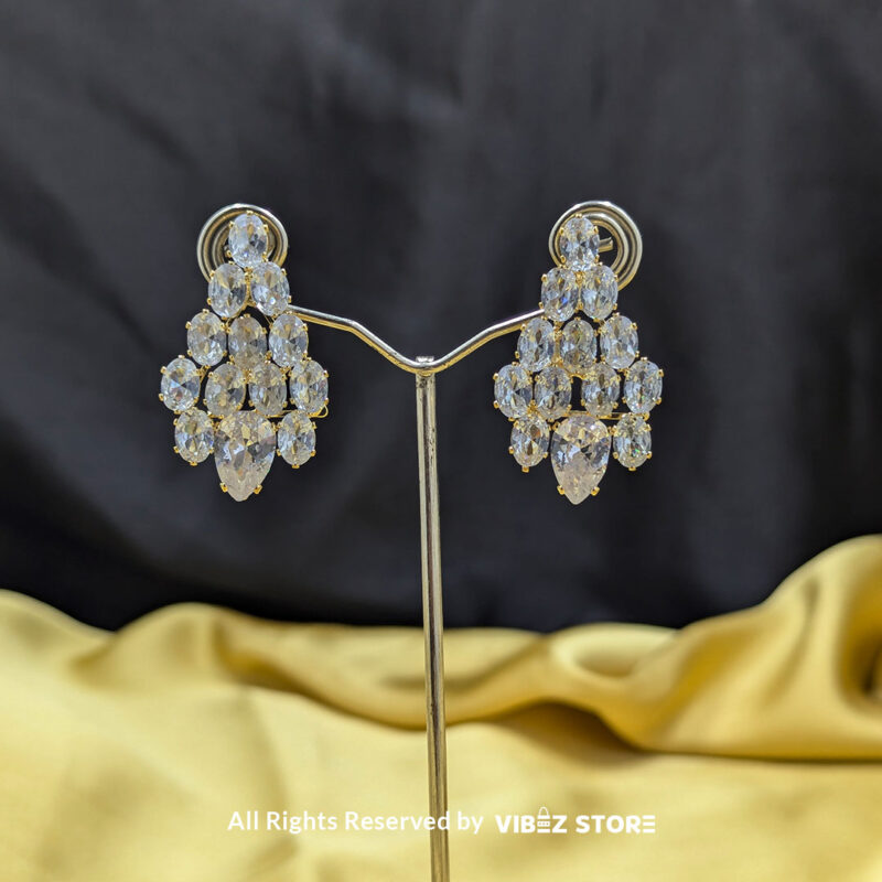 Crystal Cluster Teardrop Earrings 1 Crystal cluster teardrop earrings with a sparkling finish, ideal for formal and bridal wear.