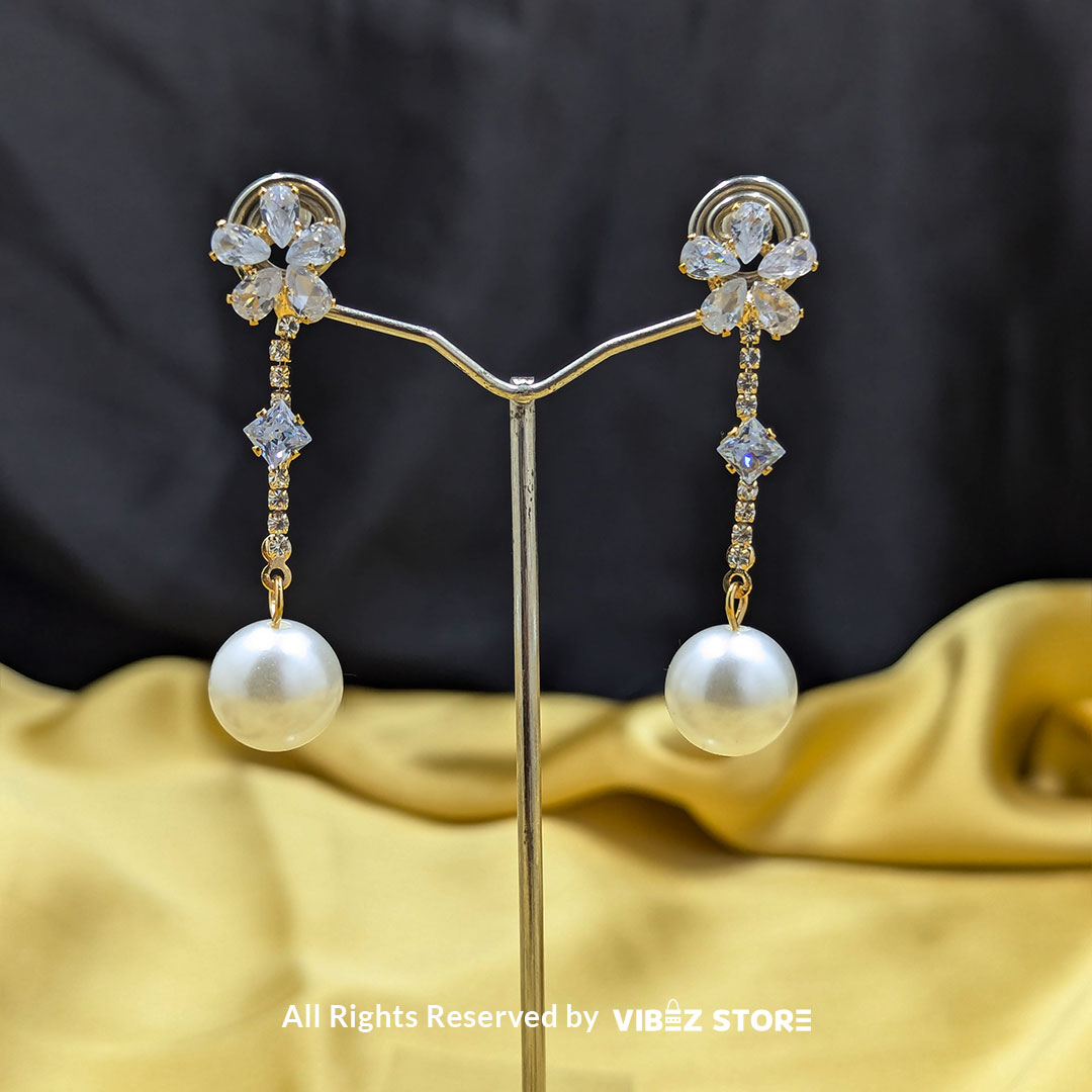 ERNG-67 Floral Crystal Drop Pearl Earrings - Image 1