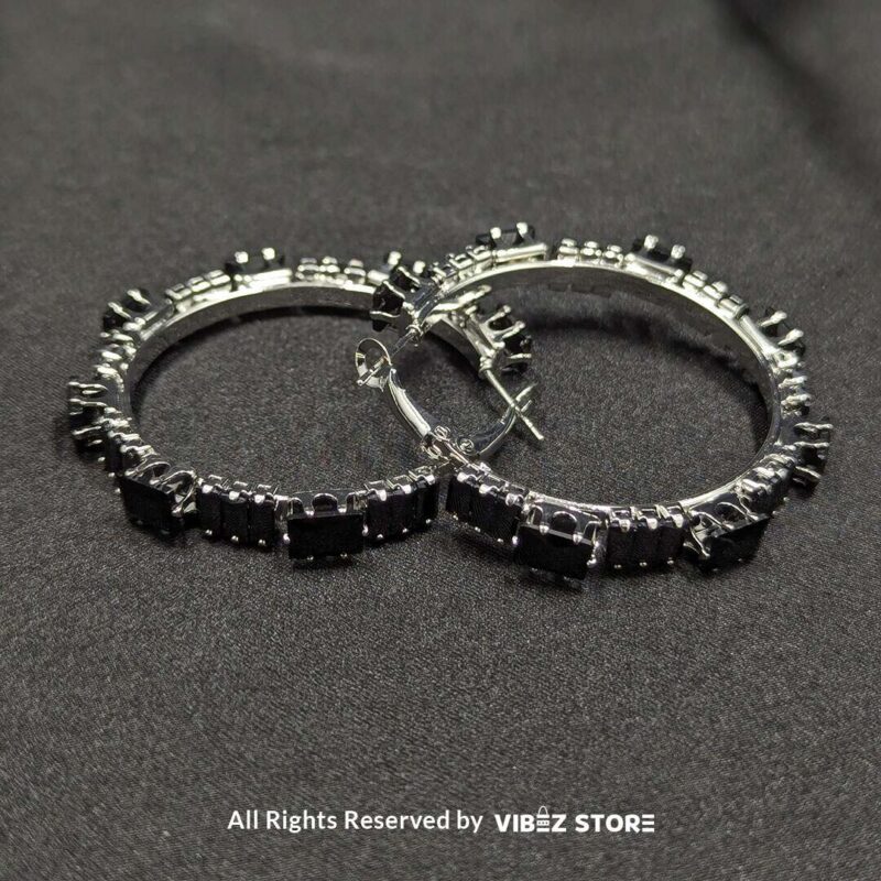 Black and White Crystal Hoop Earrings 4 Elegant black and white crystal hoop earrings, perfect for a bold and sophisticated look.