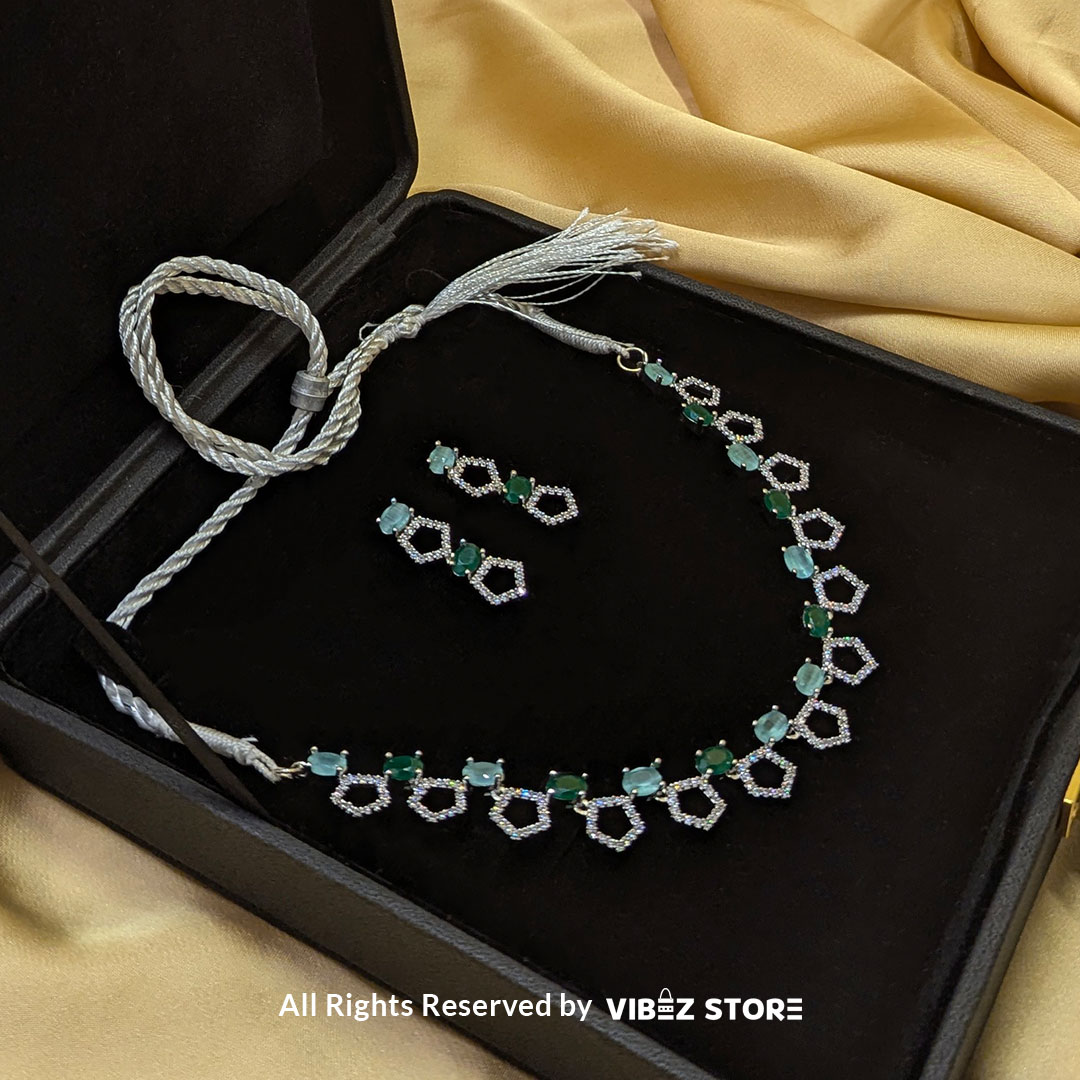LCKT-15-D Silver-Plated Green Gemstone Necklace Set with Earrings - Image 1