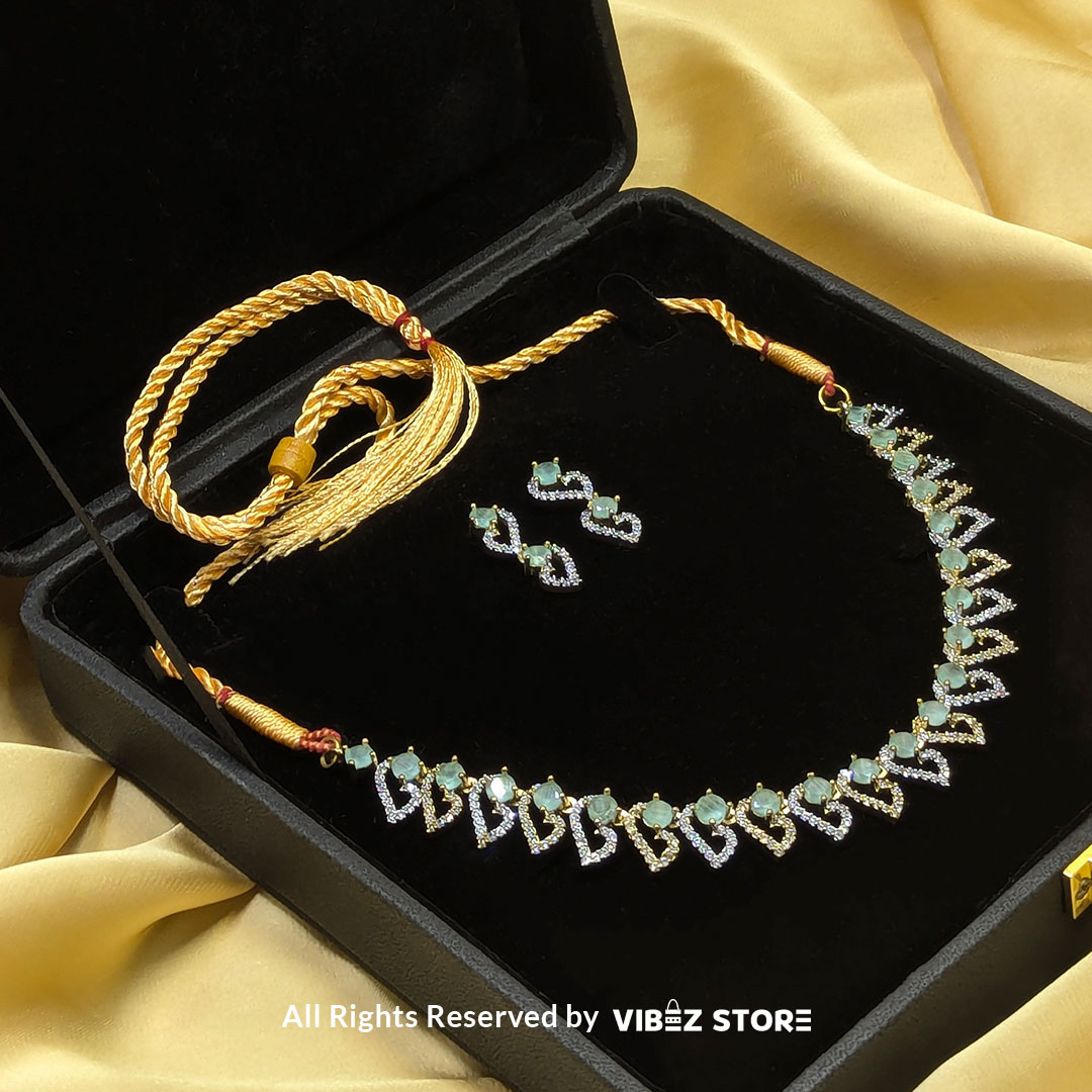 LCKT-16-D Dual-Tone Green Gemstone Necklace Set with Earrings - Image 1