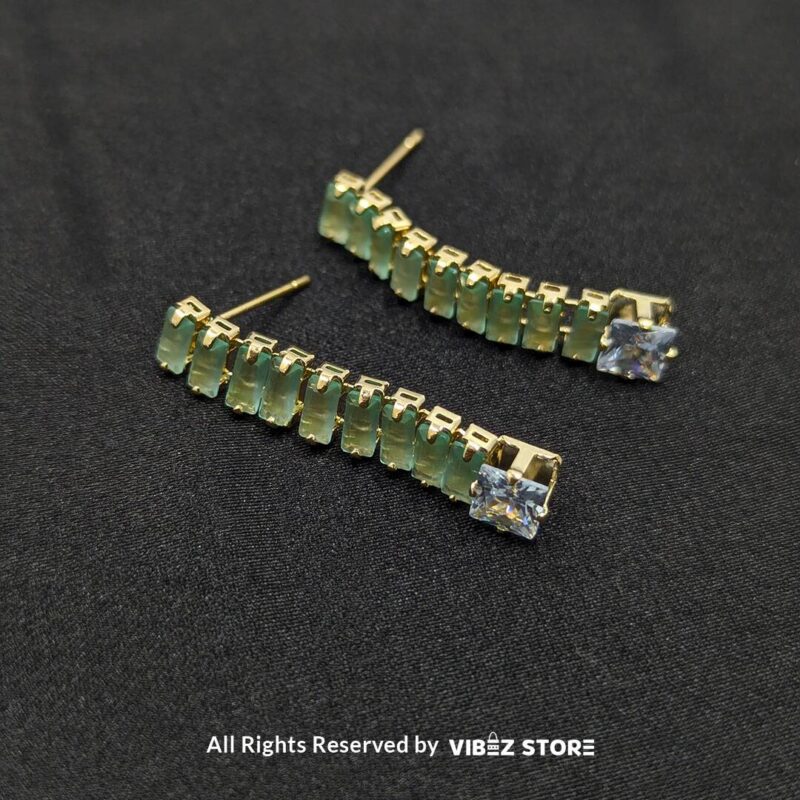 Mint Green Crystal Jewelry Set 3 Mint green crystal jewelry set with a necklace, bracelet, ring, and earrings featuring baguette-style crystals.