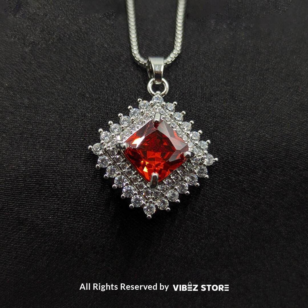 LCKT-23-A Ruby Red Square Pendant Jewelry Set - Image 1