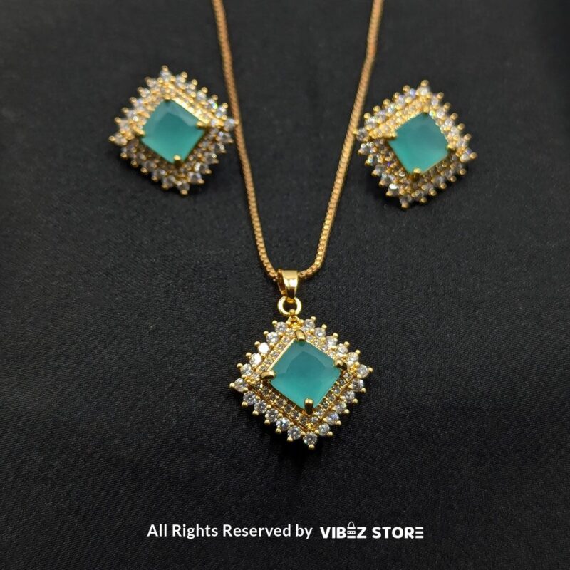 Aqua Blue Square Pendant Jewelry Set 1 Aqua blue square pendant jewelry set featuring a soft blue gemstone necklace with matching stud earrings, surrounded by sparkling stones.