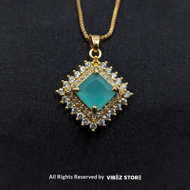Aqua Blue Square Pendant Jewelry Set 3 Aqua blue square pendant jewelry set featuring a soft blue gemstone necklace with matching stud earrings, surrounded by sparkling stones.