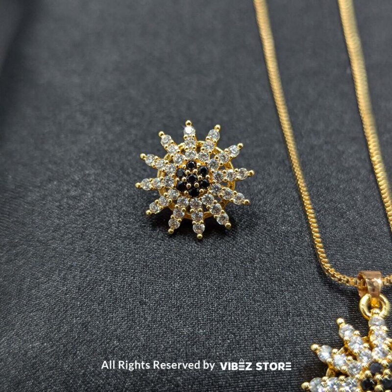 Radiant Sunflower Pendant and Earrings Set 4 Radiant sunflower-inspired pendant and matching earrings set, crafted with sparkling crystals on a sleek black backdrop.