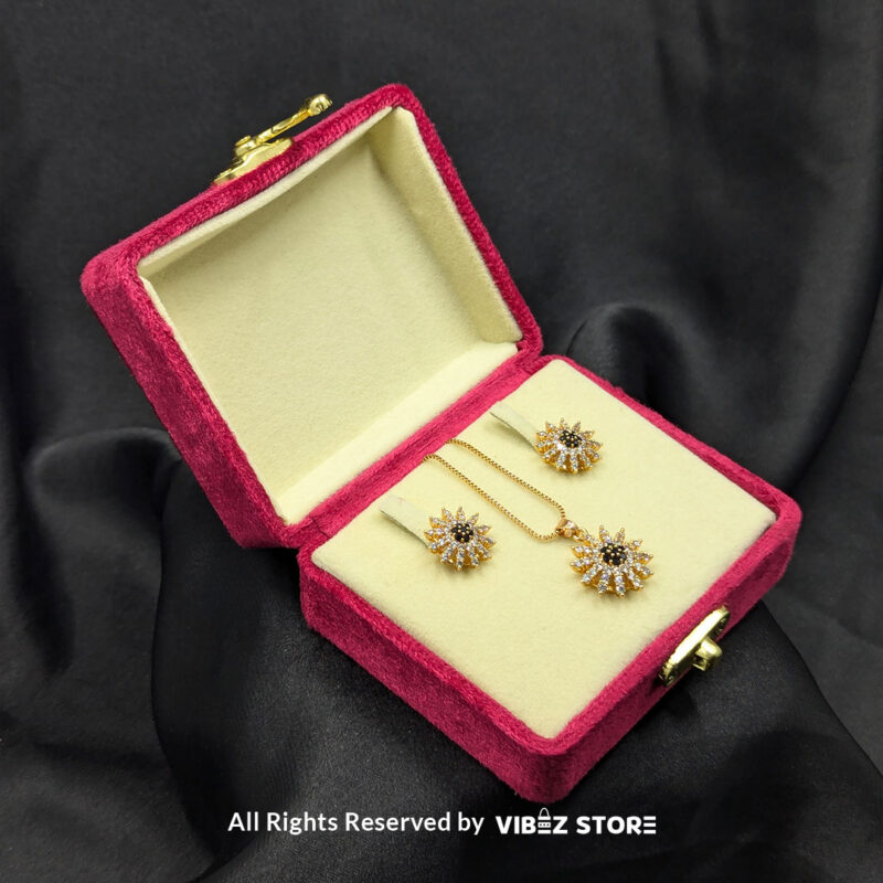 Radiant Sunflower Pendant and Earrings Set 2 Radiant sunflower-inspired pendant and matching earrings set, crafted with sparkling crystals on a sleek black backdrop.