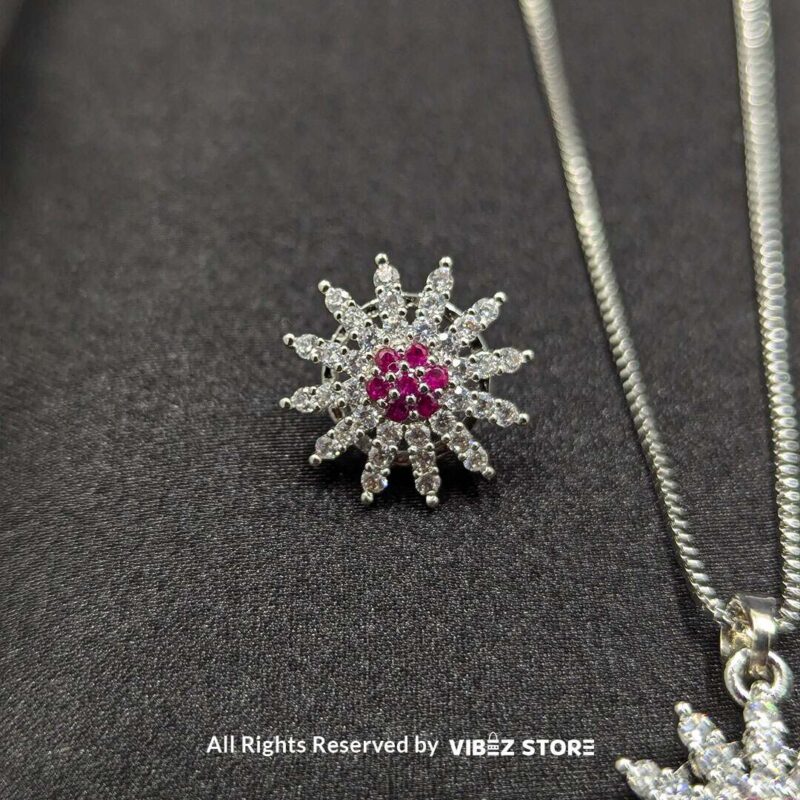 Ruby Bloom Sunflower Pendant and Earrings Set 3 Ruby sunflower jewelry set with a sparkling pendant and earrings featuring ruby-colored accents on a sleek black backdrop.