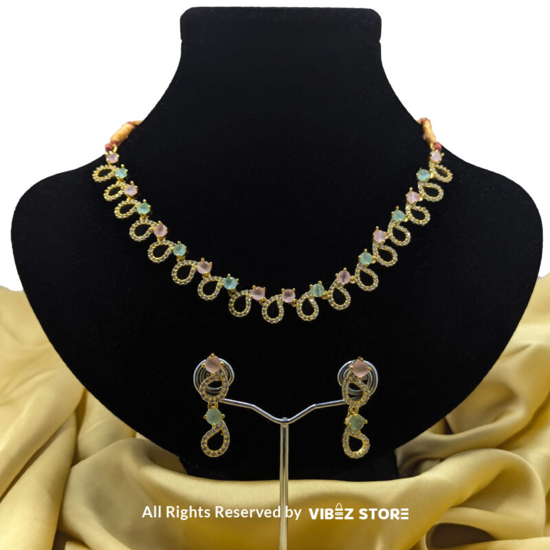 Pastel Teardrop Necklace – Gold-Tone & Multi-Colored Gemstone Jewelry 1 Pastel Teardrop Necklace and Earring Set with gold-tone settings and multi-colored gemstones from VibezStore