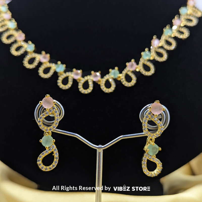Pastel Teardrop Necklace – Gold-Tone & Multi-Colored Gemstone Jewelry 5 Pastel Teardrop Necklace and Earring Set with gold-tone settings and multi-colored gemstones from VibezStore