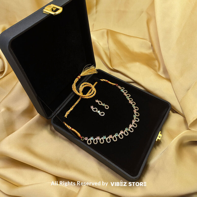 Pastel Teardrop Necklace – Gold-Tone & Multi-Colored Gemstone Jewelry 3 Pastel Teardrop Necklace and Earring Set with gold-tone settings and multi-colored gemstones from VibezStore
