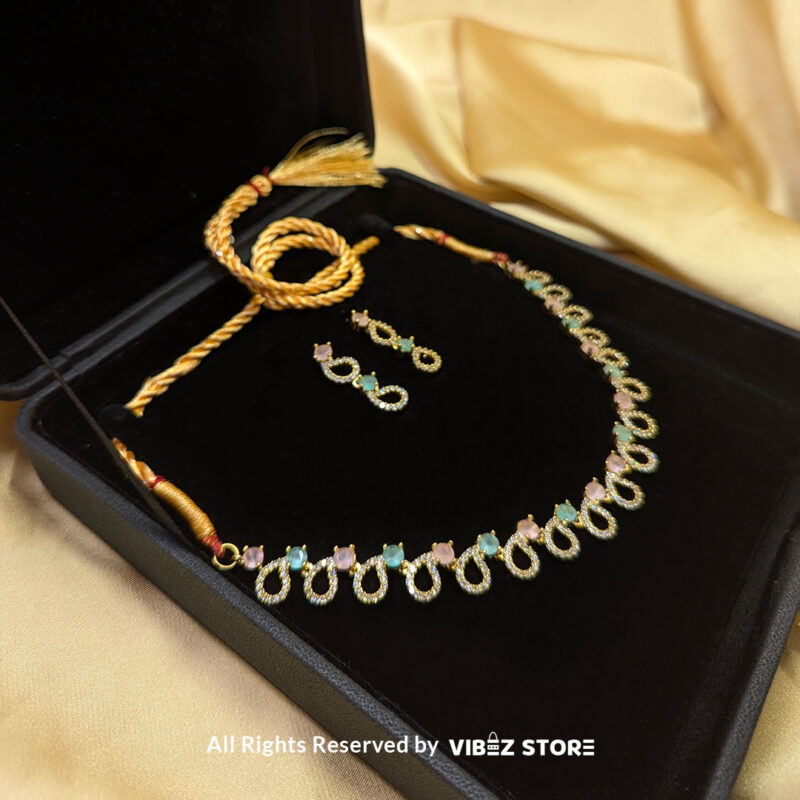 Pastel Teardrop Necklace – Gold-Tone & Multi-Colored Gemstone Jewelry 2 Pastel Teardrop Necklace and Earring Set with gold-tone settings and multi-colored gemstones from VibezStore