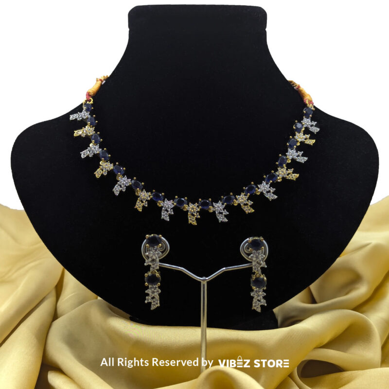 Sapphire Floral Drop Necklace Gold Tone & Crystal Jewelry 1 Sapphire Floral Necklace and Earring Set with gold-tone settings, faux sapphire stones, and crystal floral designs from VibezStore