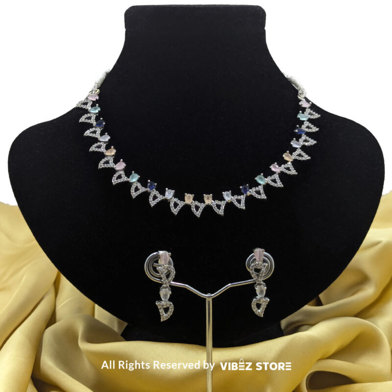 Pastel Gemstone Necklace & Earring Set – Silver-Tone Crystal Jewelry 1 Pastel Gemstone Necklace and Earring Set with silver-tone settings, multi-colored gemstones, and crystal accents from VibezStore