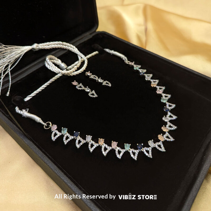 Pastel Gemstone Necklace & Earring Set – Silver-Tone Crystal Jewelry 2 Pastel Gemstone Necklace and Earring Set with silver-tone settings, multi-colored gemstones, and crystal accents from VibezStore