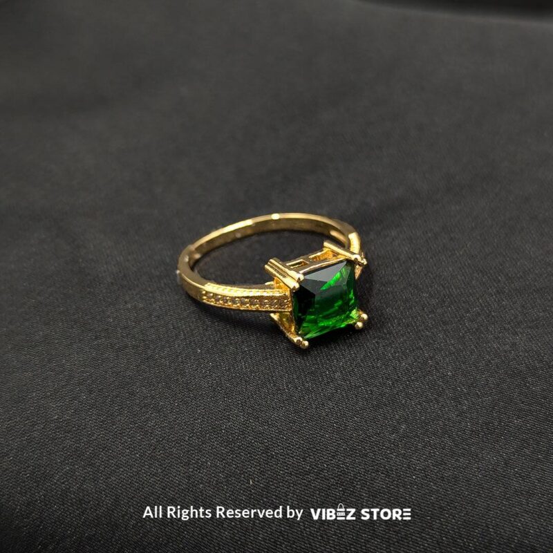 Luxurious Multi-Color Gemstone Rings (Gold-Tone) 4 Gold-tone non-adjustable rings with square gemstones in multiple colors, including rose pink, aqua blue, emerald green, ruby red, black, crystal white, and amber gold, beautifully displayed by Vibez Store.