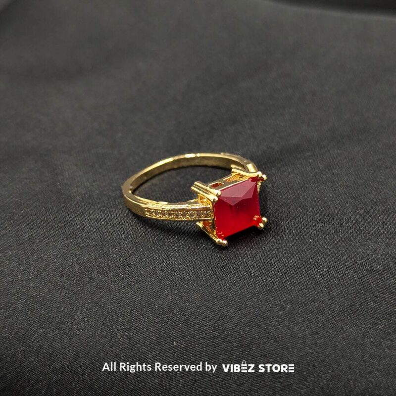 Luxurious Multi-Color Gemstone Rings (Gold-Tone) 3 Gold-tone non-adjustable rings with square gemstones in multiple colors, including rose pink, aqua blue, emerald green, ruby red, black, crystal white, and amber gold, beautifully displayed by Vibez Store.