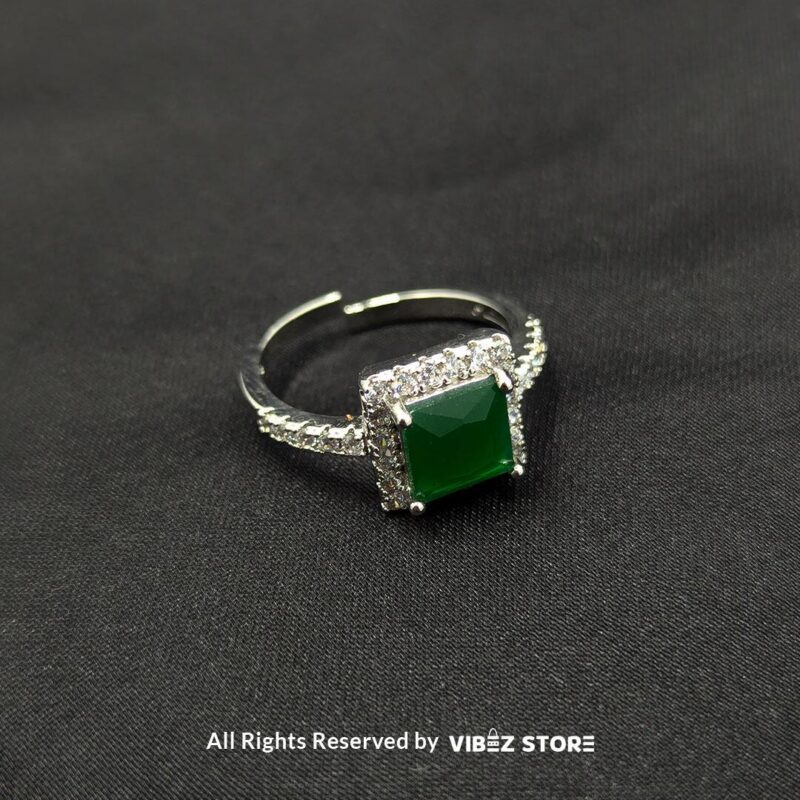 Sophisticated Square Gemstone Rings (Silver-Tone, Adjustable) 2 Silver-tone adjustable rings with square gemstones in aqua blue, rose pink, and emerald green, elegantly displayed by Vibez Store.