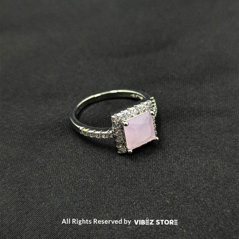 Sophisticated Square Gemstone Rings (Silver-Tone, Adjustable) 4 Silver-tone adjustable rings with square gemstones in aqua blue, rose pink, and emerald green, elegantly displayed by Vibez Store.