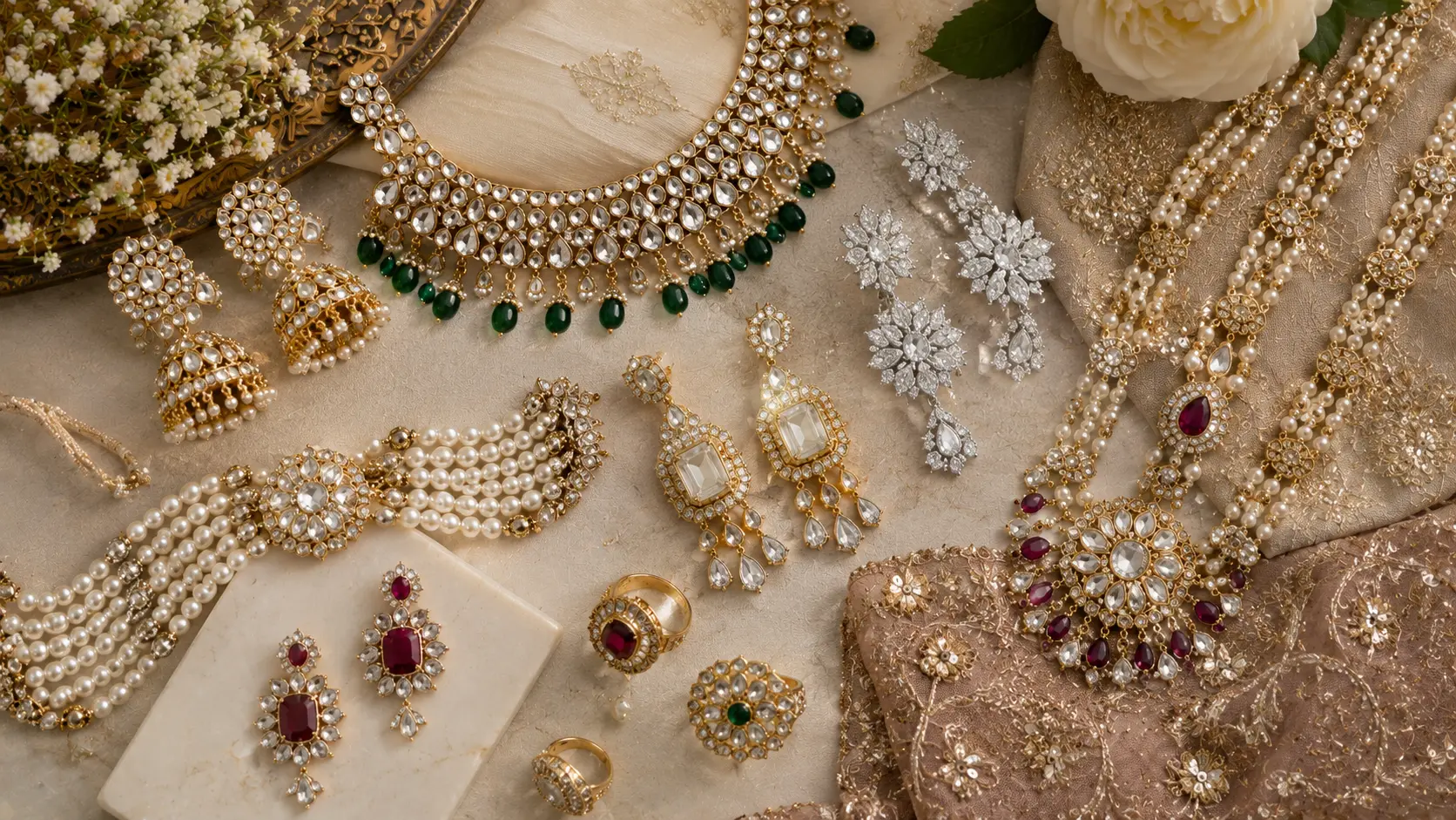 Best Artificial Jewellery for Wedding Guests in Pakistan 2 Artificial jewellery styles including kundan crystal and pearl sets displayed elegantly