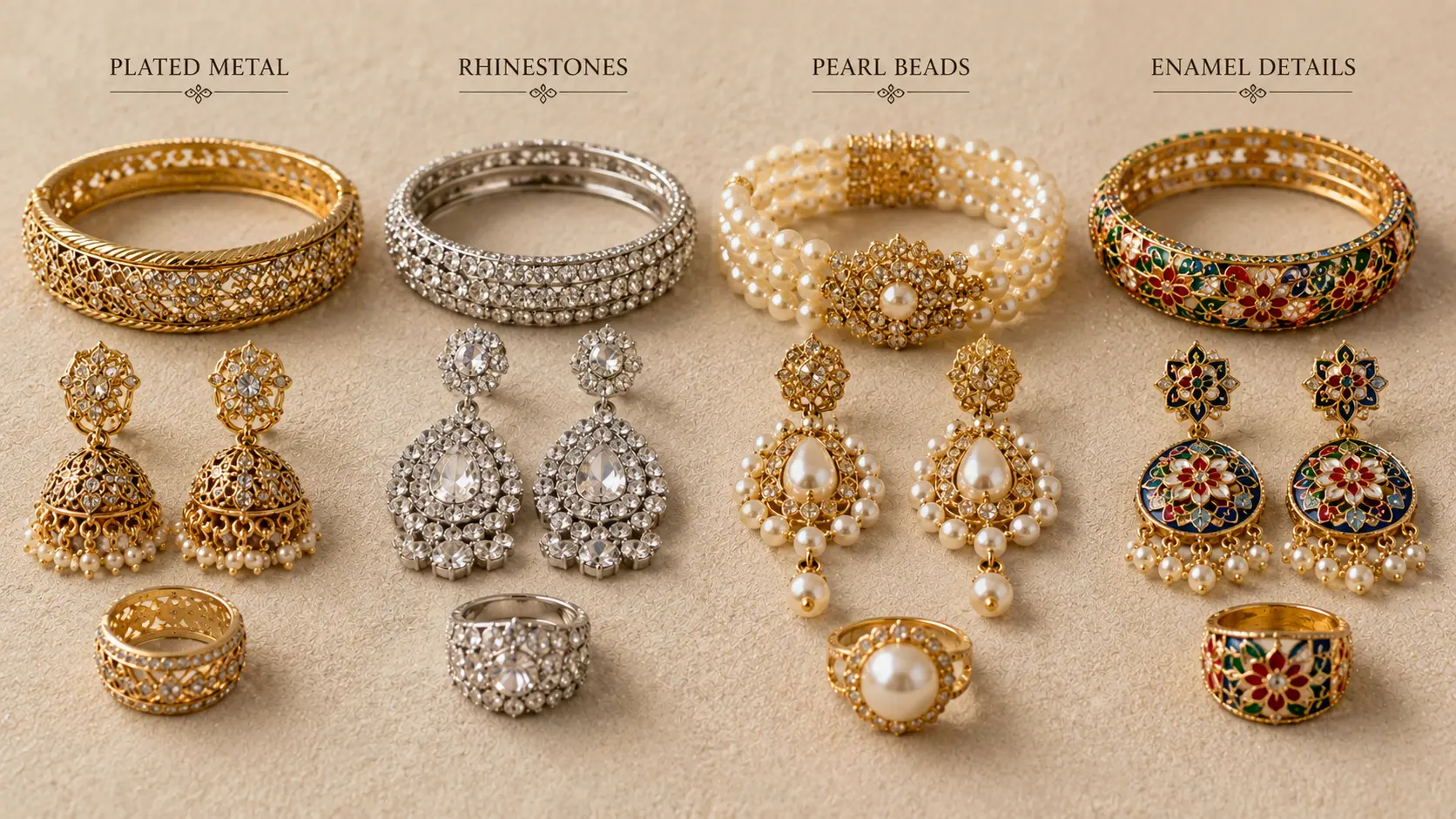 How to Clean Artificial Jewellery at Home Safely 2 Different artificial jewellery materials including plated metal rhinestones pearls and enamel details