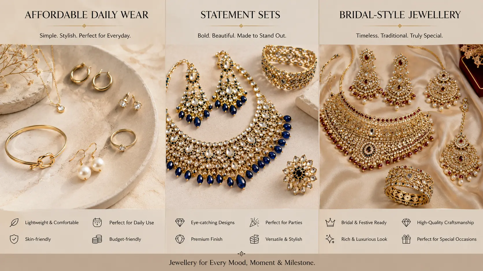 Artificial Jewellery Buying Guide in Pakistan 5 Daily wear statement and bridal artificial jewellery sets compared in organized editorial display