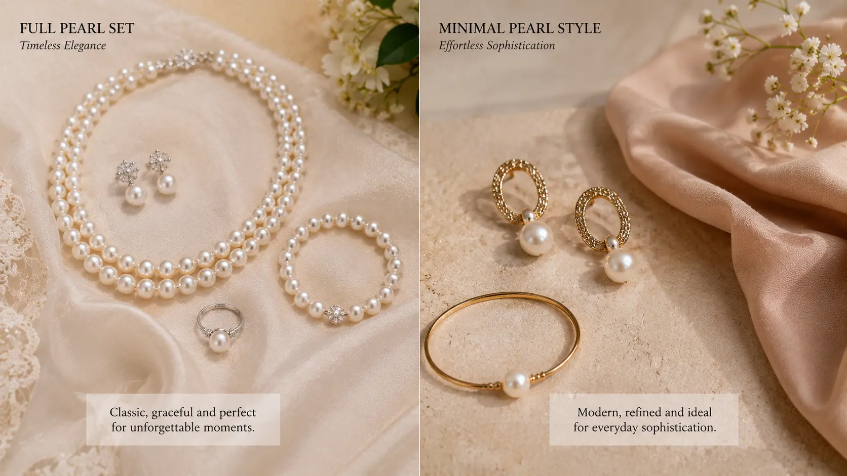 Pearl Jewellery Styling Ideas for Pakistani Outfits 3 Full pearl jewellery set compared with minimal balanced pearl styling approach