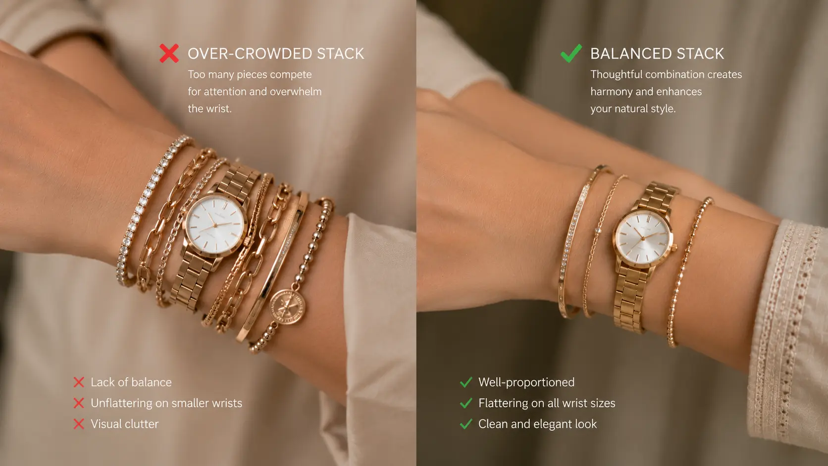How to Style Bangles with Watches and Bracelets? A Simple Jewellery Guide 3 Balanced bracelet proportions compared with overcrowded wrist jewellery styling