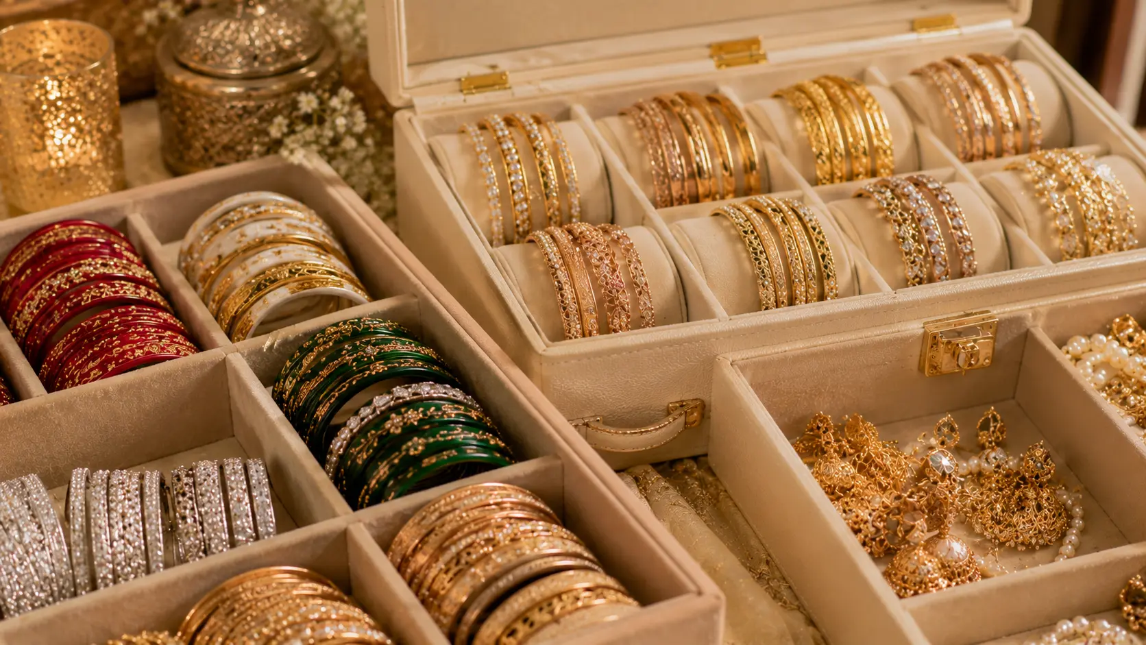 Bangles for Women in Pakistan: Size & Styling Guide 7 Glass metal and lacquer bangles stored safely in velvet jewellery compartments for protection