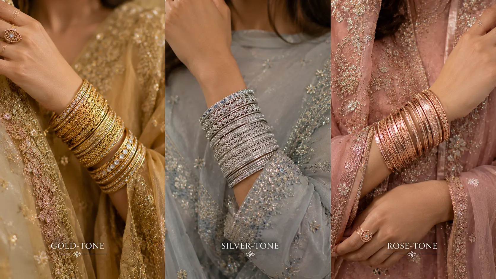 Bangles for Women in Pakistan: Size & Styling Guide 6 Gold silver and rose tone bangles matched with Pakistani outfit colors and skin undertones