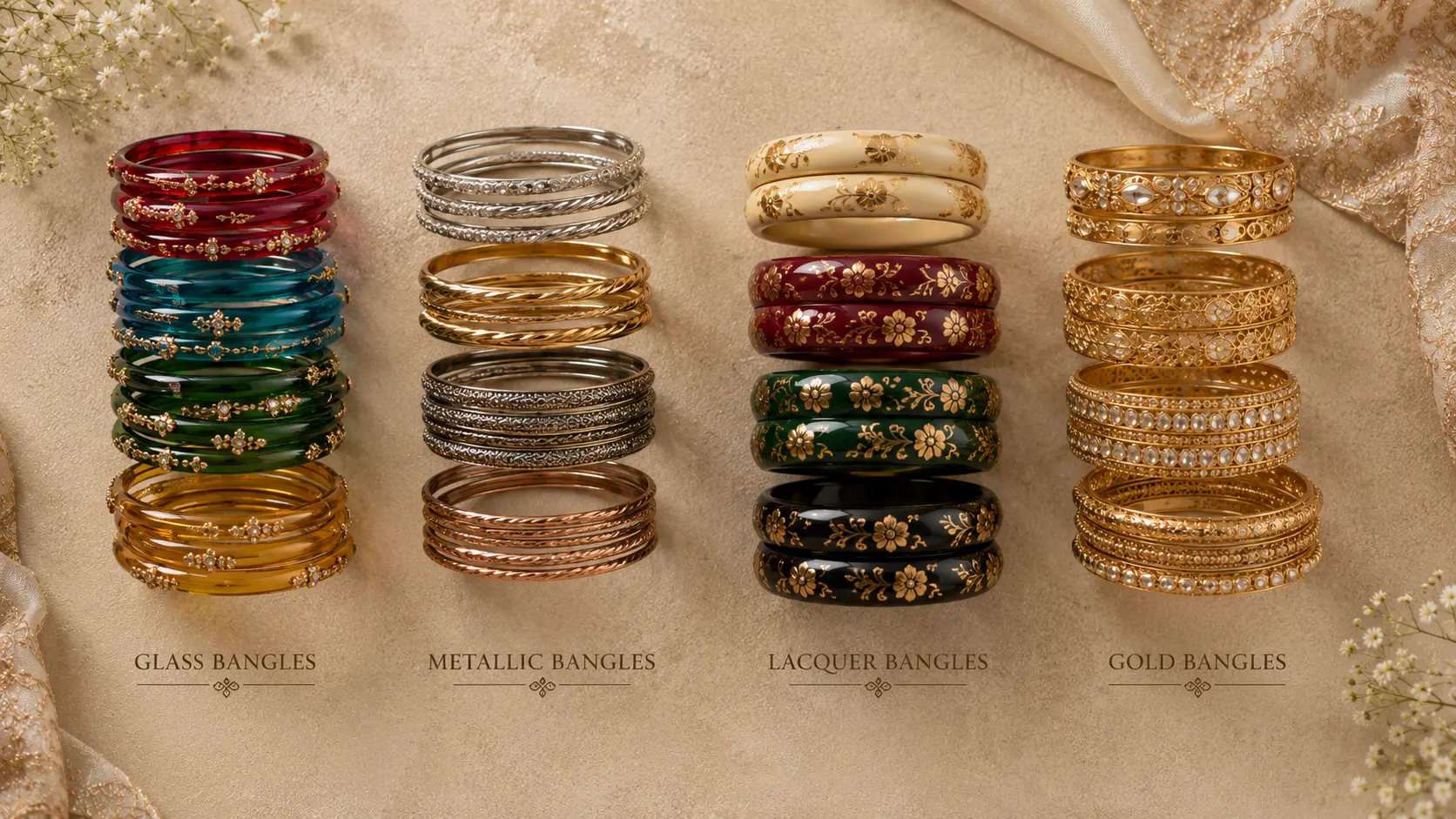 Bangles for Women in Pakistan: Size & Styling Guide 4 Comparison of glass metal lacquer and gold bangles arranged in editorial jewellery flat lay