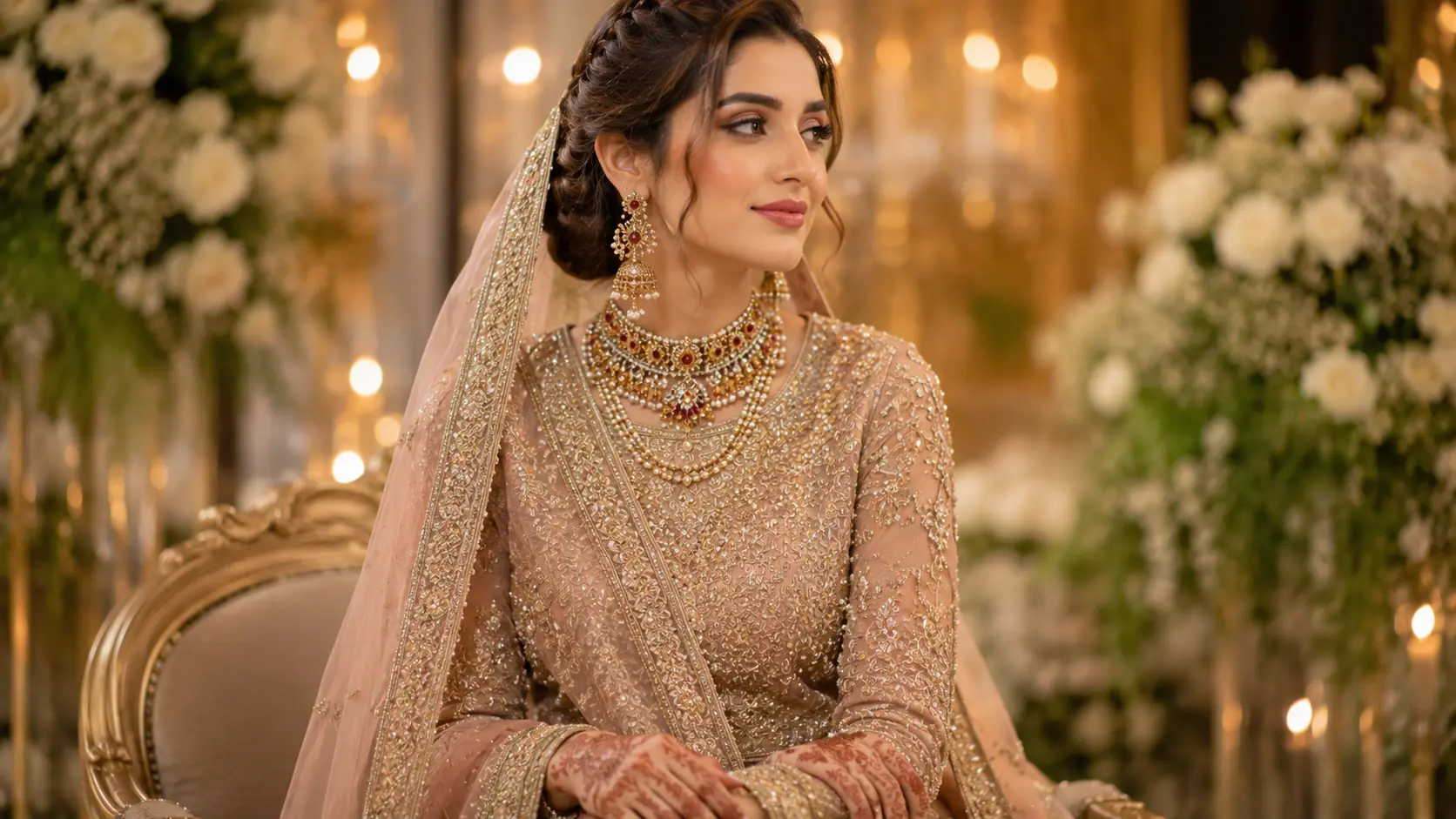 Best Artificial Jewellery for Wedding Guests in Pakistan 5 Structured necklace set and statement jhumkas styled with Pakistani barat outfit