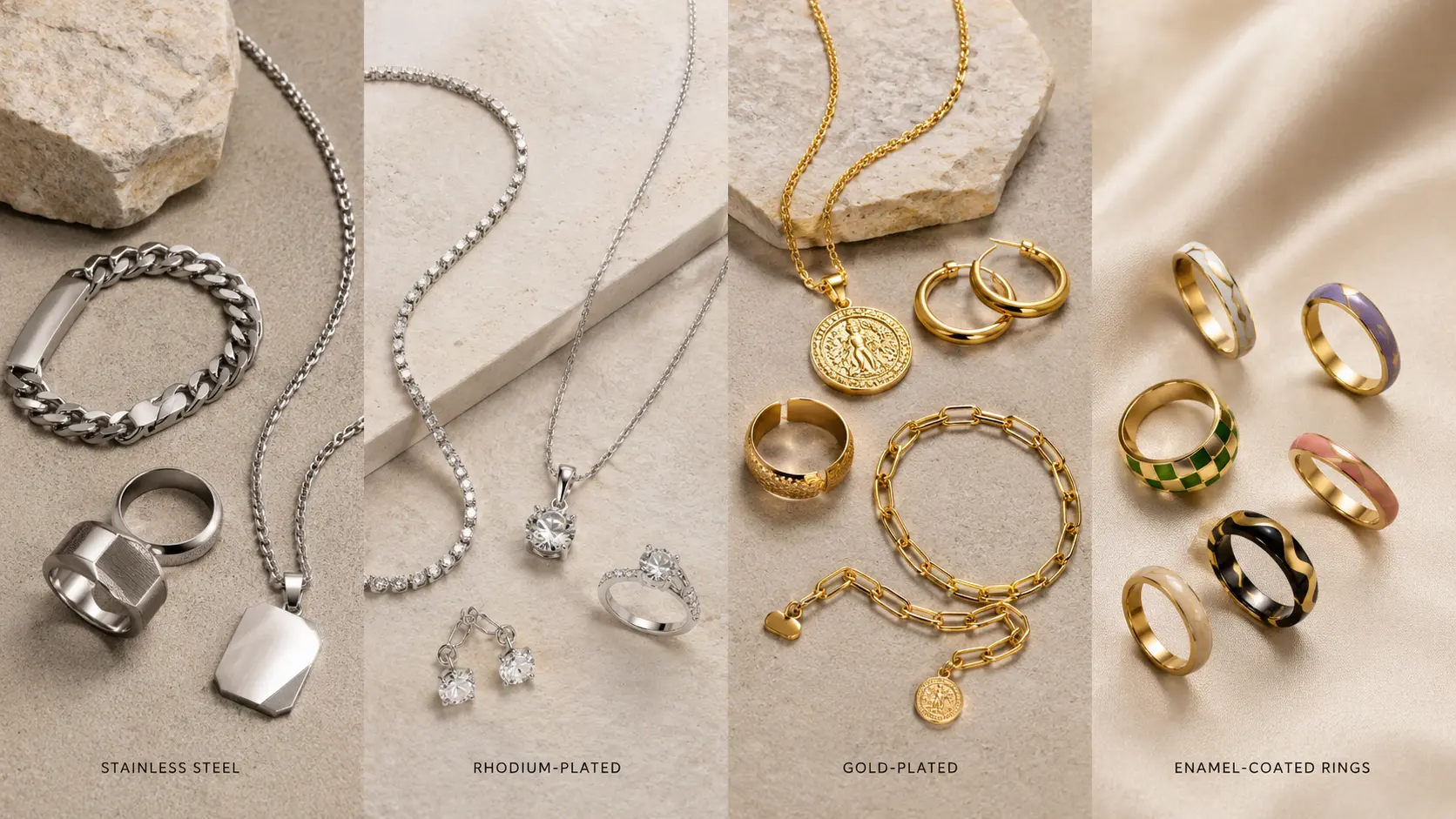 Best Artificial Jewellery for Daily Wear in Pakistan 2 Stainless steel rhodium-plated and gold-plated artificial jewellery displayed in editorial flat lay