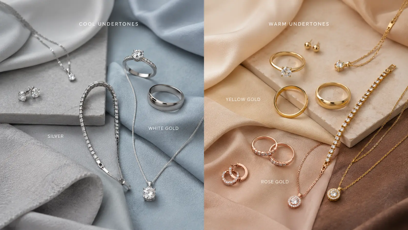 How to Choose Jewelry That Matches Your Skin Tone? 3 Silver white gold yellow gold and rose gold jewellery matched with different skin undertones