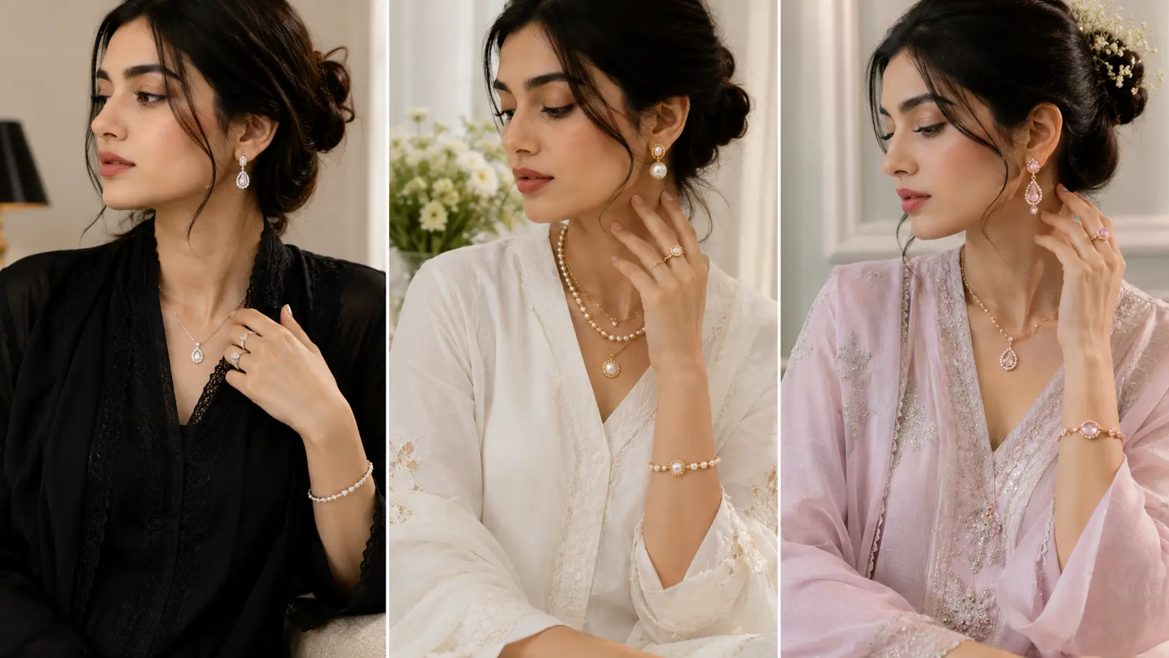 What Jewellery to Wear with Black, White and Pastel Outfits? 7 Black white and pastel outfits paired with coordinated jewellery combinations in fashion editorial