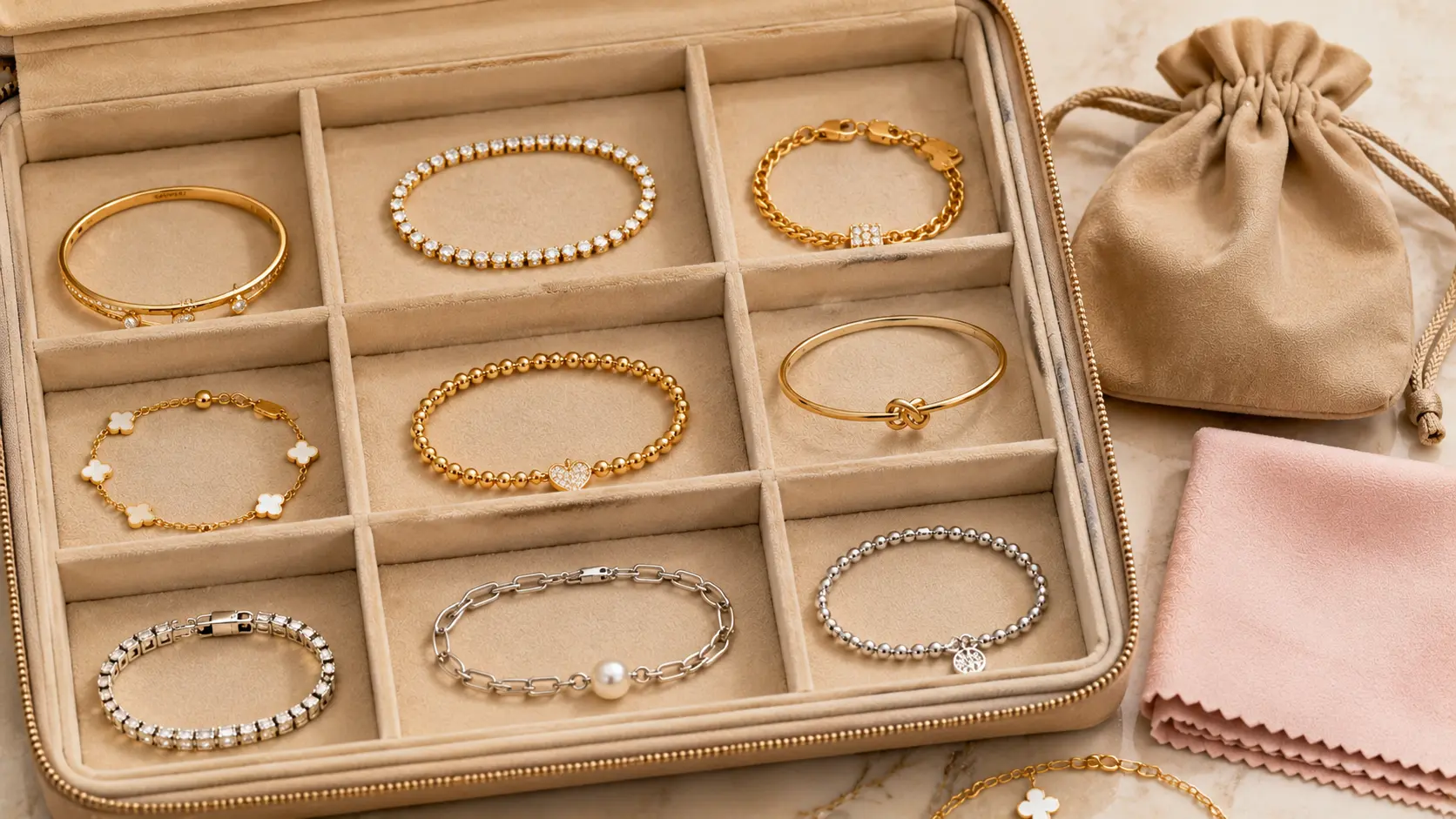 Bracelet Styling Guide for Women 8 Bracelets stored carefully in compartments with cleaning accessories for long lasting shine