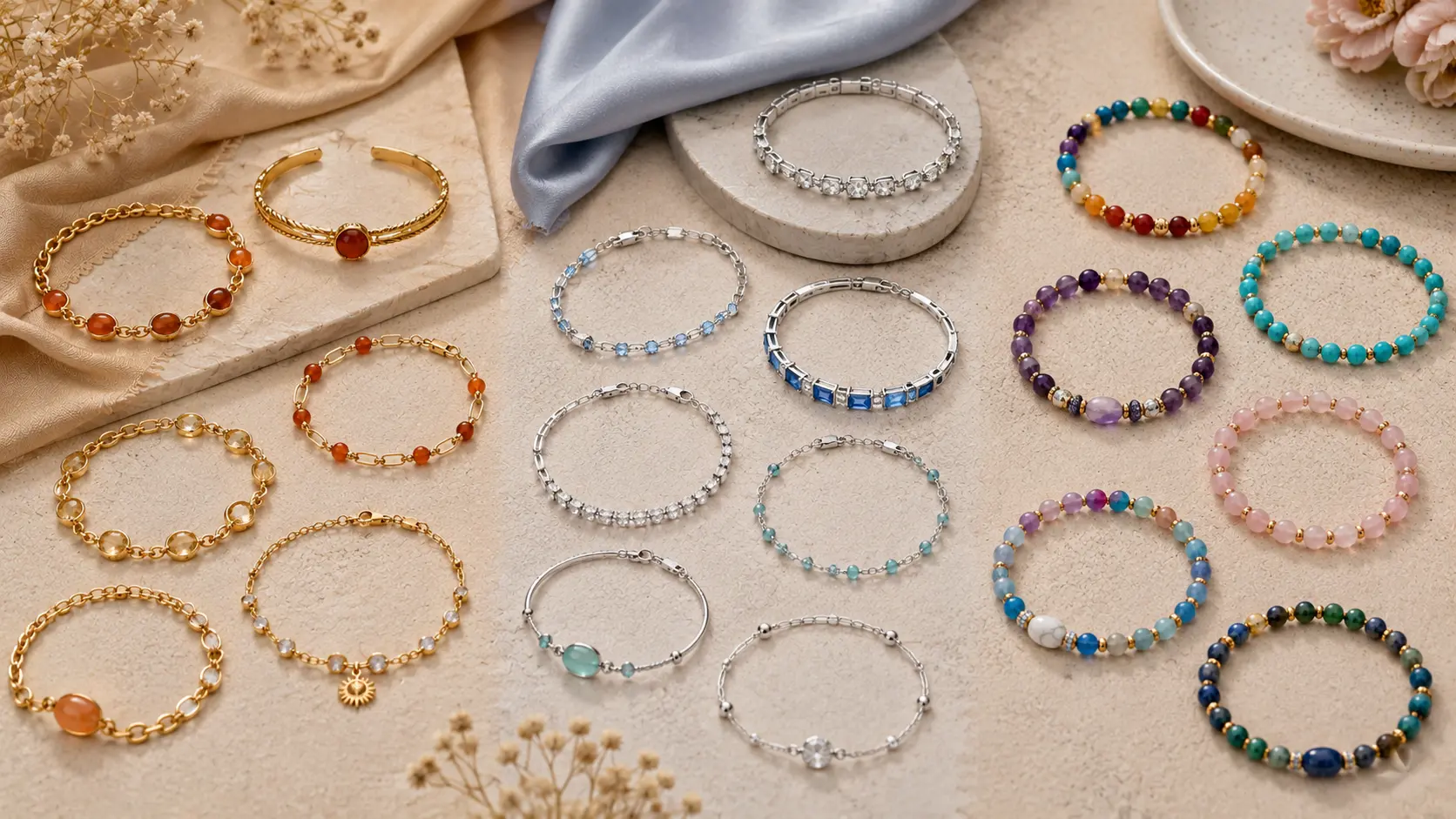 Bracelet Styling Guide for Women 6 Gold silver and colorful bracelets arranged by color and stone pairing themes