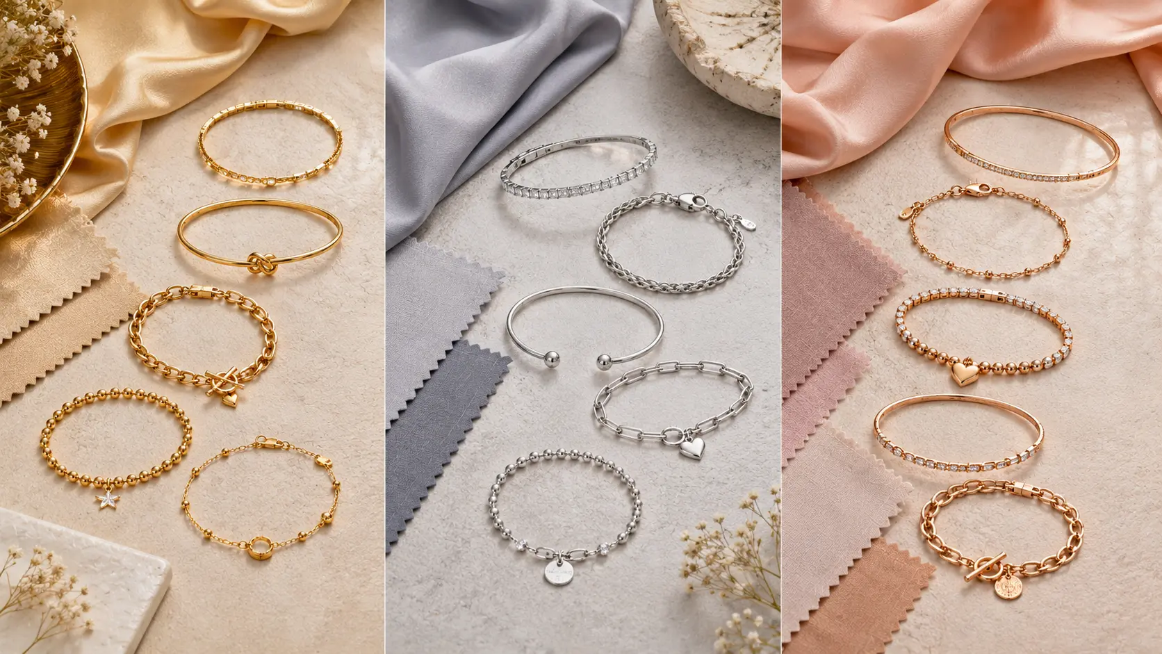 Bracelet Styling Guide for Women 4 Gold silver and rose gold bracelets paired with warm and cool wardrobe colors