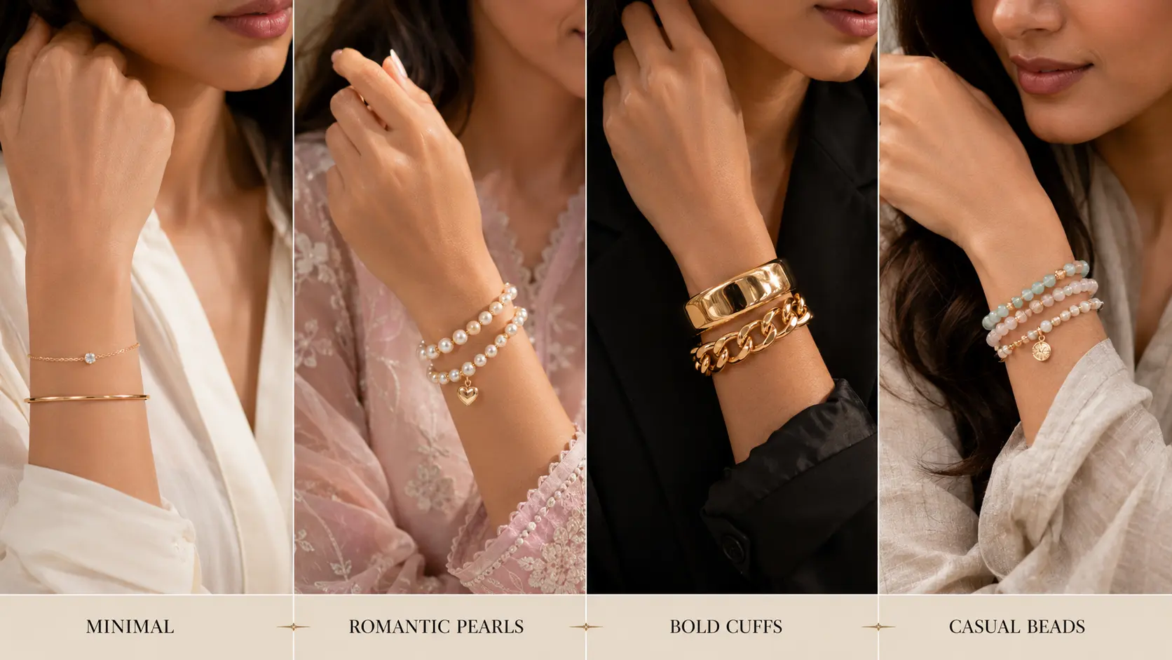Bracelet Styling Guide for Women 2 Different bracelet styles paired with minimal romantic bold and casual fashion outfits